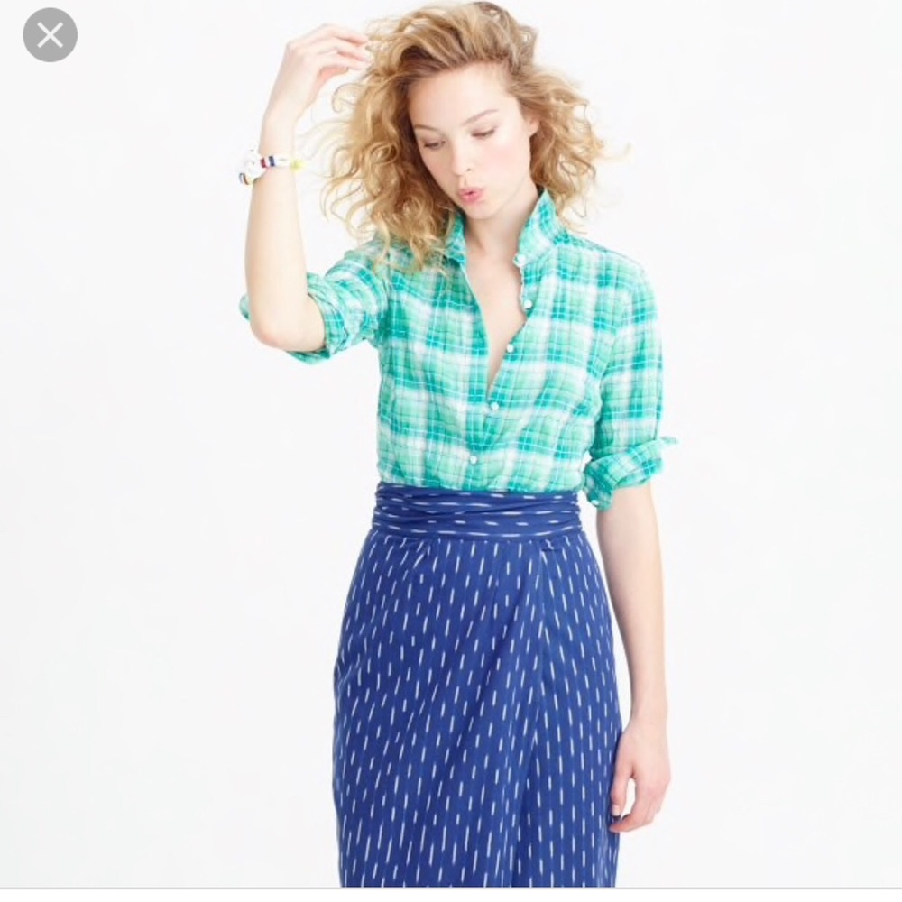 J.Crew Green Crinkle Plaid Shirt